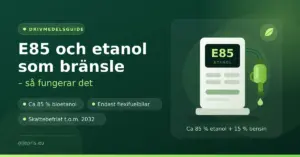 Grafik med bensinpump vars display visar E85 och texten "E85 och etanol som bränsle – så fungerar det" samt punkterna ca 85 % bioetanol, endast flexifuelbilar och skattebefriat t.o.m. 2032.